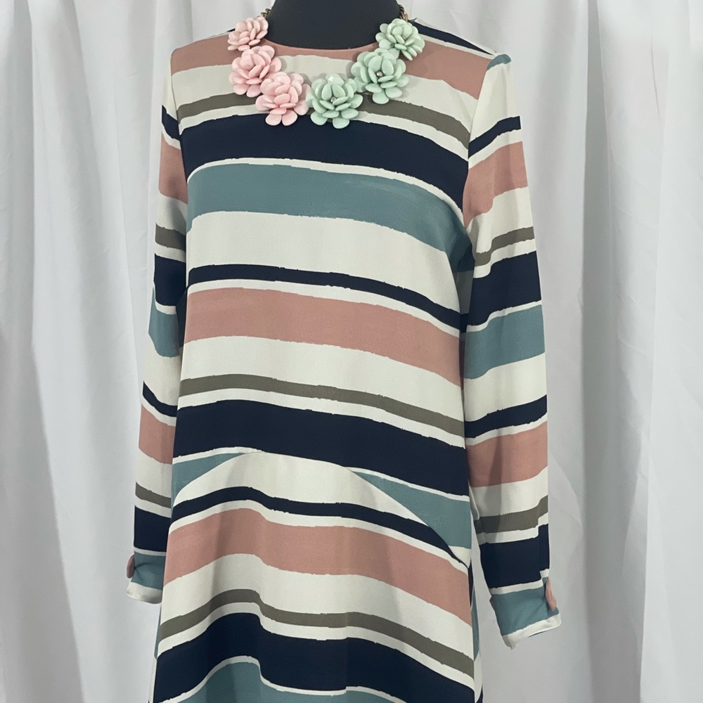 Zara basic pink blue striped flounce dress medium